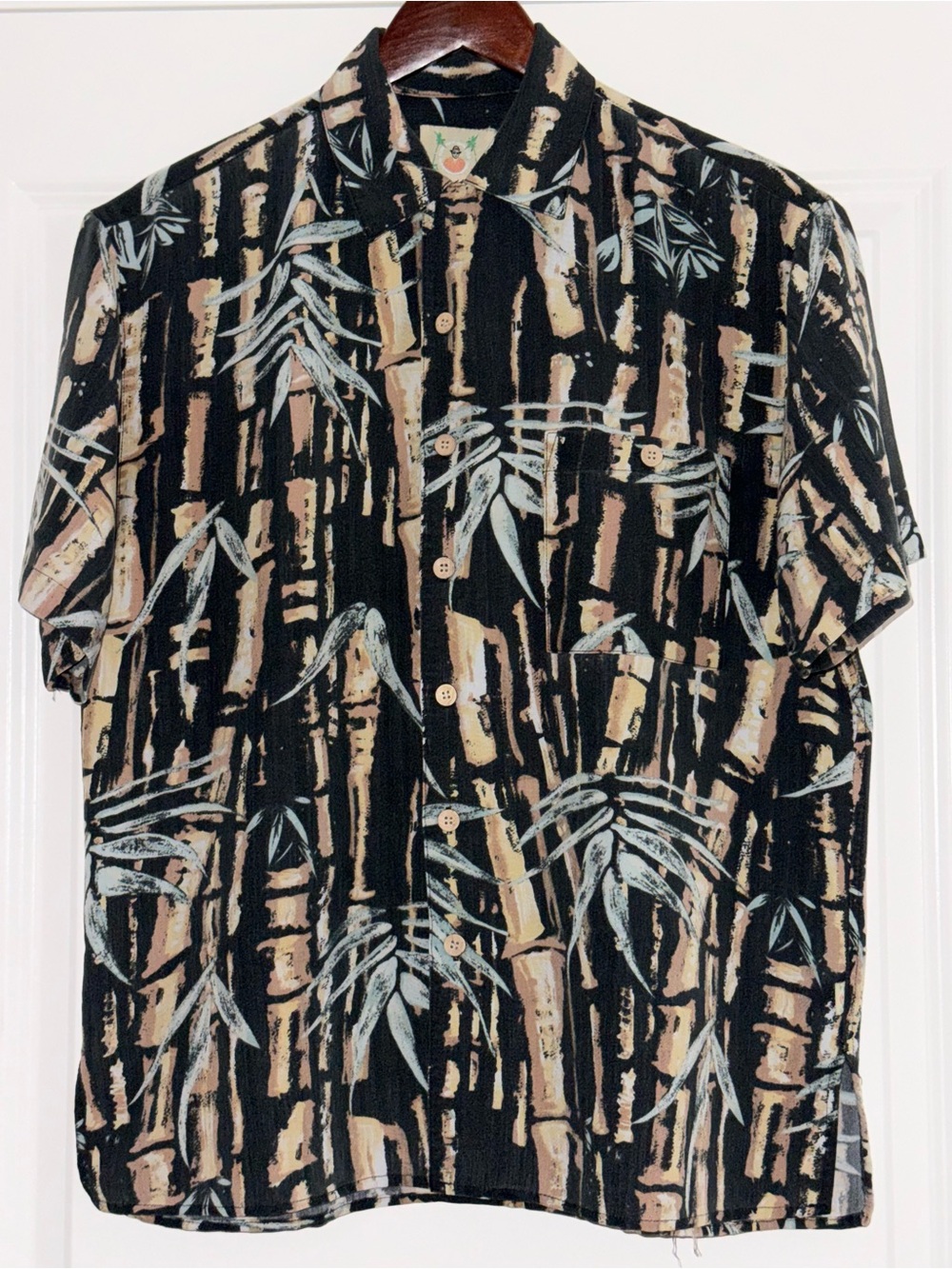 Joe Marlin Hawaiian Shirt Mens Medium Bamboo Black Green Tan Resort Vacation